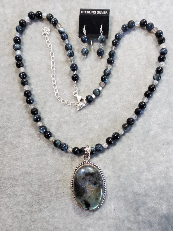 Labradorite and Grey Tiger Eye necklace and Earrings